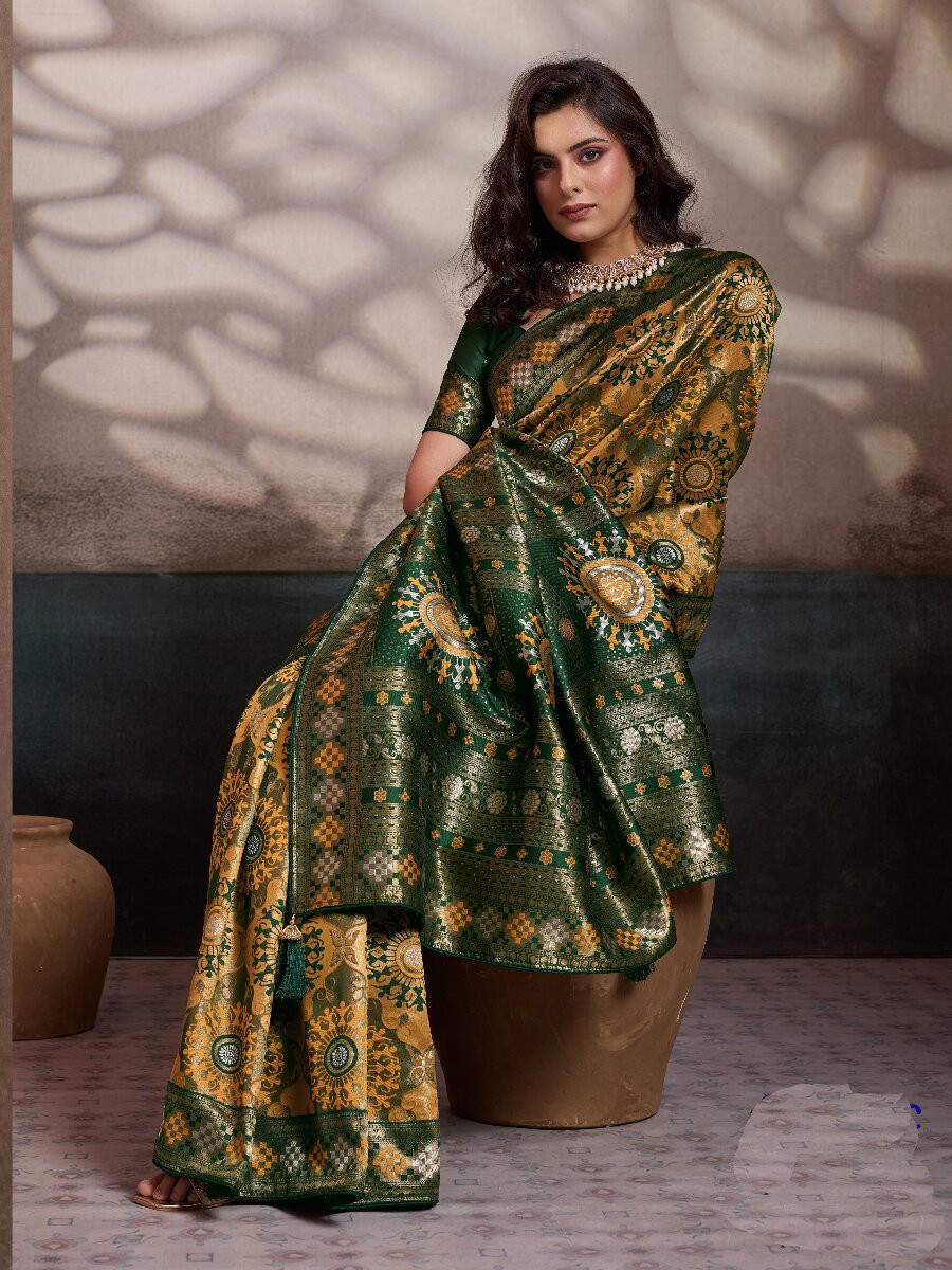 Mustard Soft Silk Zari Meenakari Woven Work Wedding Reception Party Festival Casual Heavy Border Sarees
