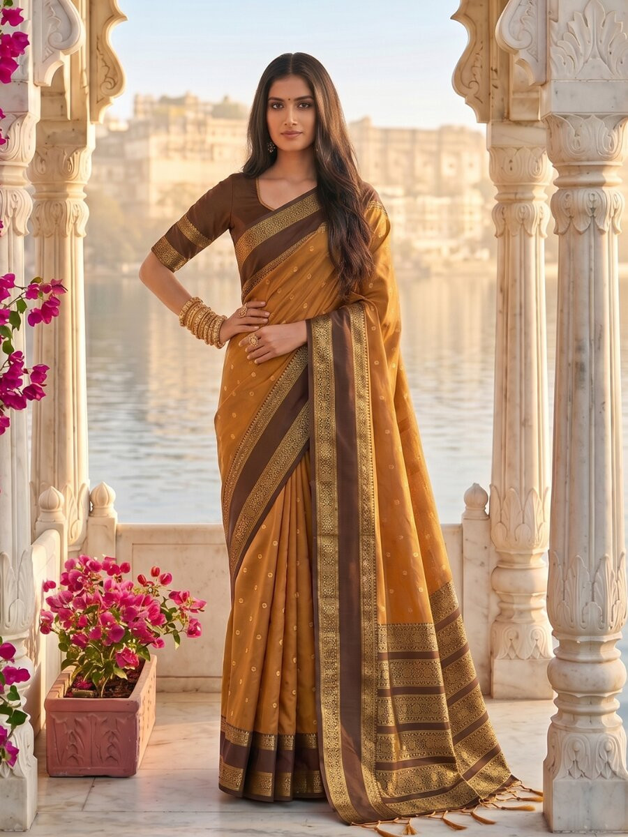 Mustard Soft Silk Zari Weaving Wedding Reception Party Festival Casual Heavy Border Sarees