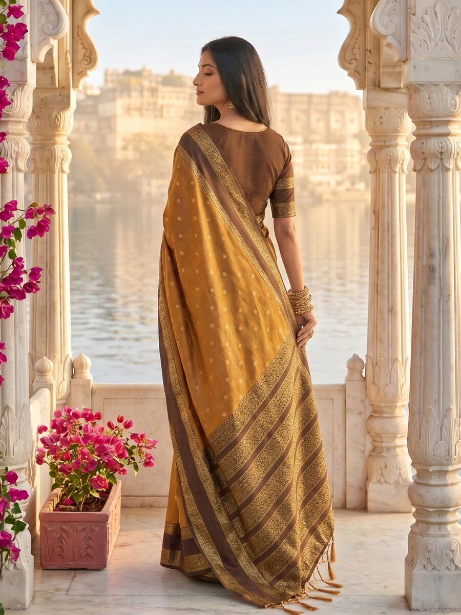 Mustard Soft Silk Zari Weaving Wedding Reception Party Festival Casual Heavy Border Sarees