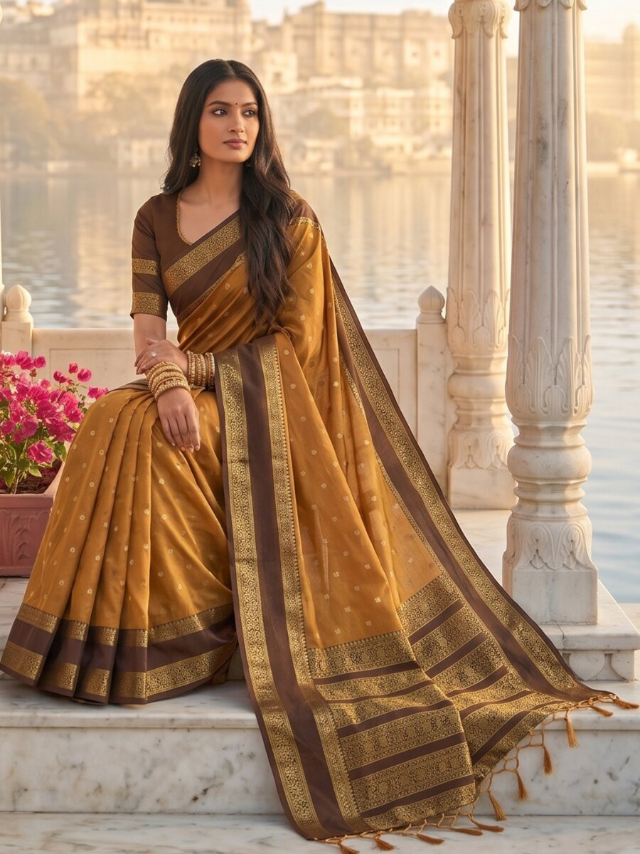 Mustard Soft Silk Zari Weaving Wedding Reception Party Festival Casual Heavy Border Sarees