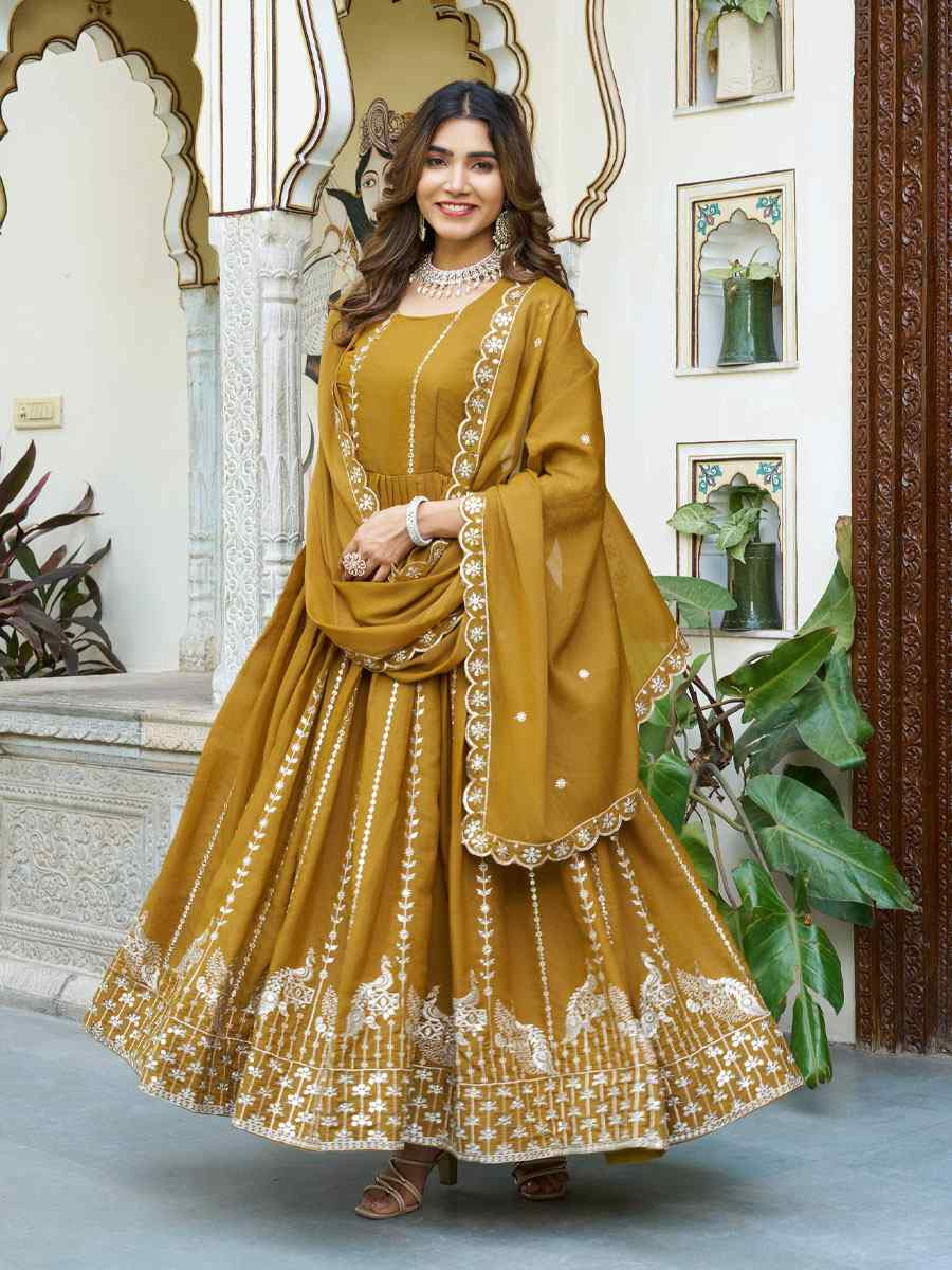 Mustard Star Georgette Embroidered Festival Casual Gown Women Wear