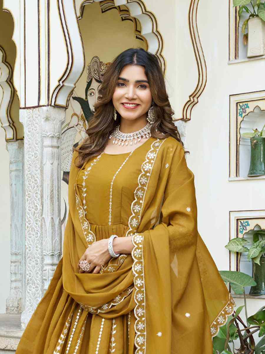 Mustard Star Georgette Embroidered Festival Casual Gown Women Wear