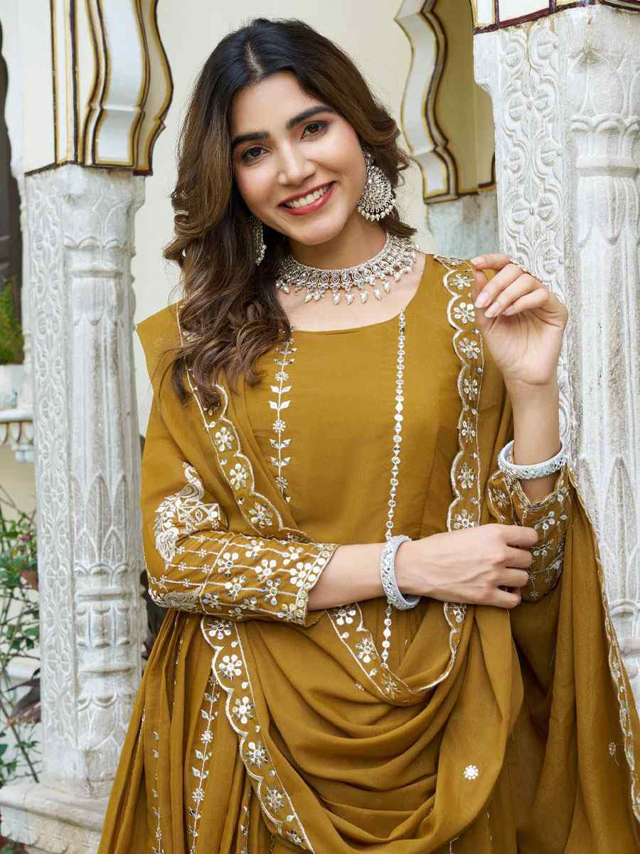 Mustard Star Georgette Embroidered Festival Casual Gown Women Wear