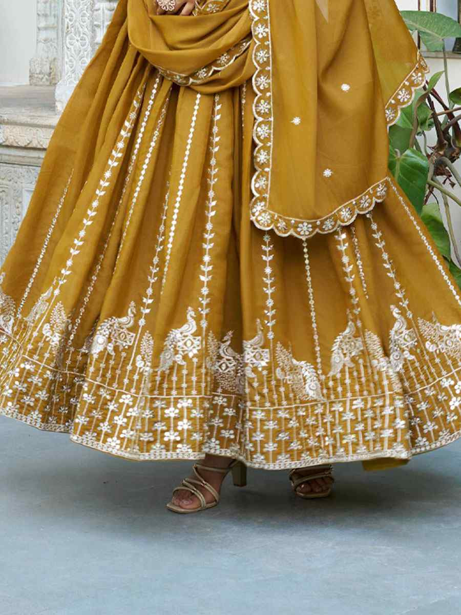 Mustard Star Georgette Embroidered Festival Casual Gown Women Wear