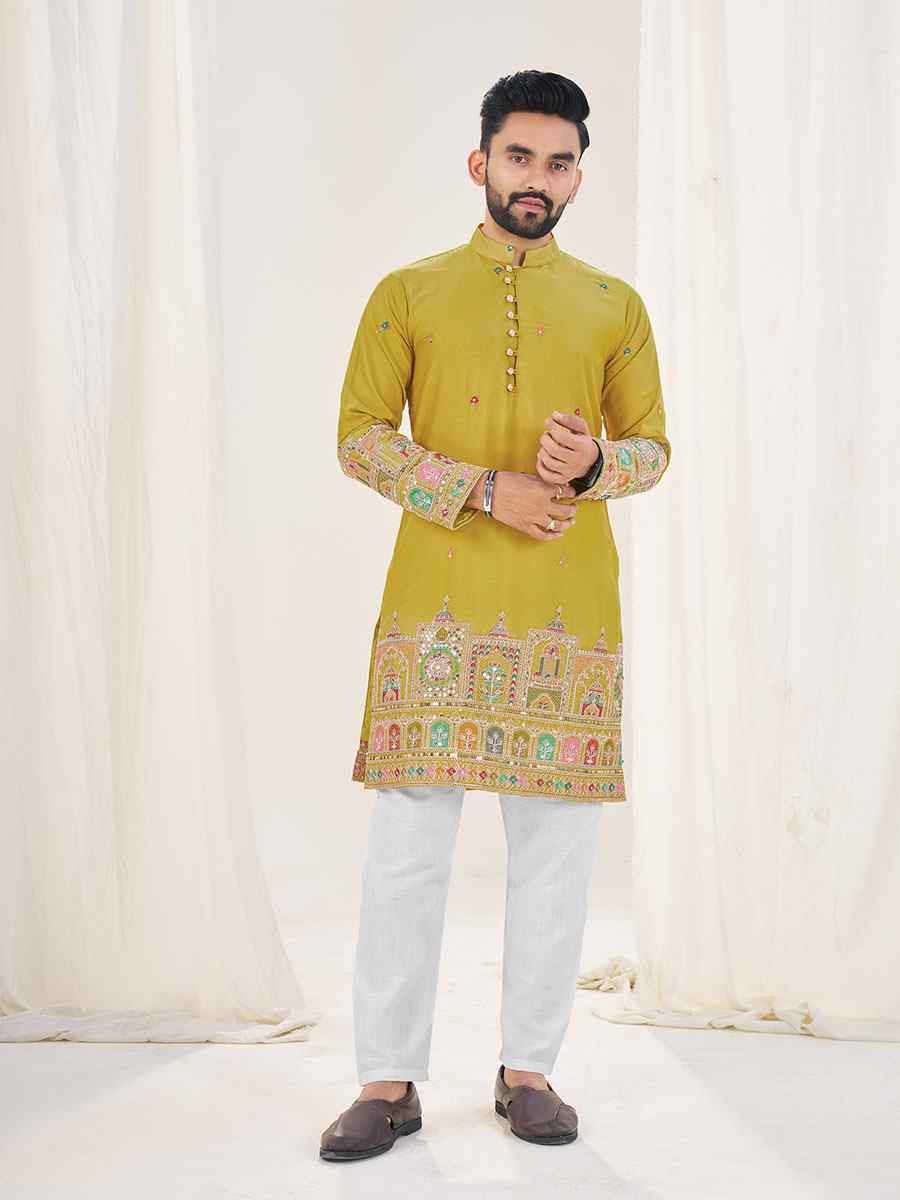 Mustard Star Georgette Embroidery Festival Wedding Party Kurta