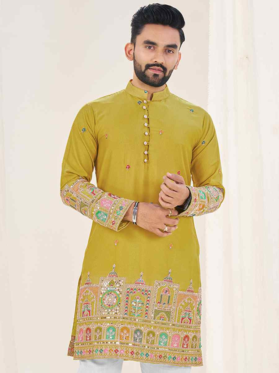 Mustard Star Georgette Embroidery Festival Wedding Party Kurta