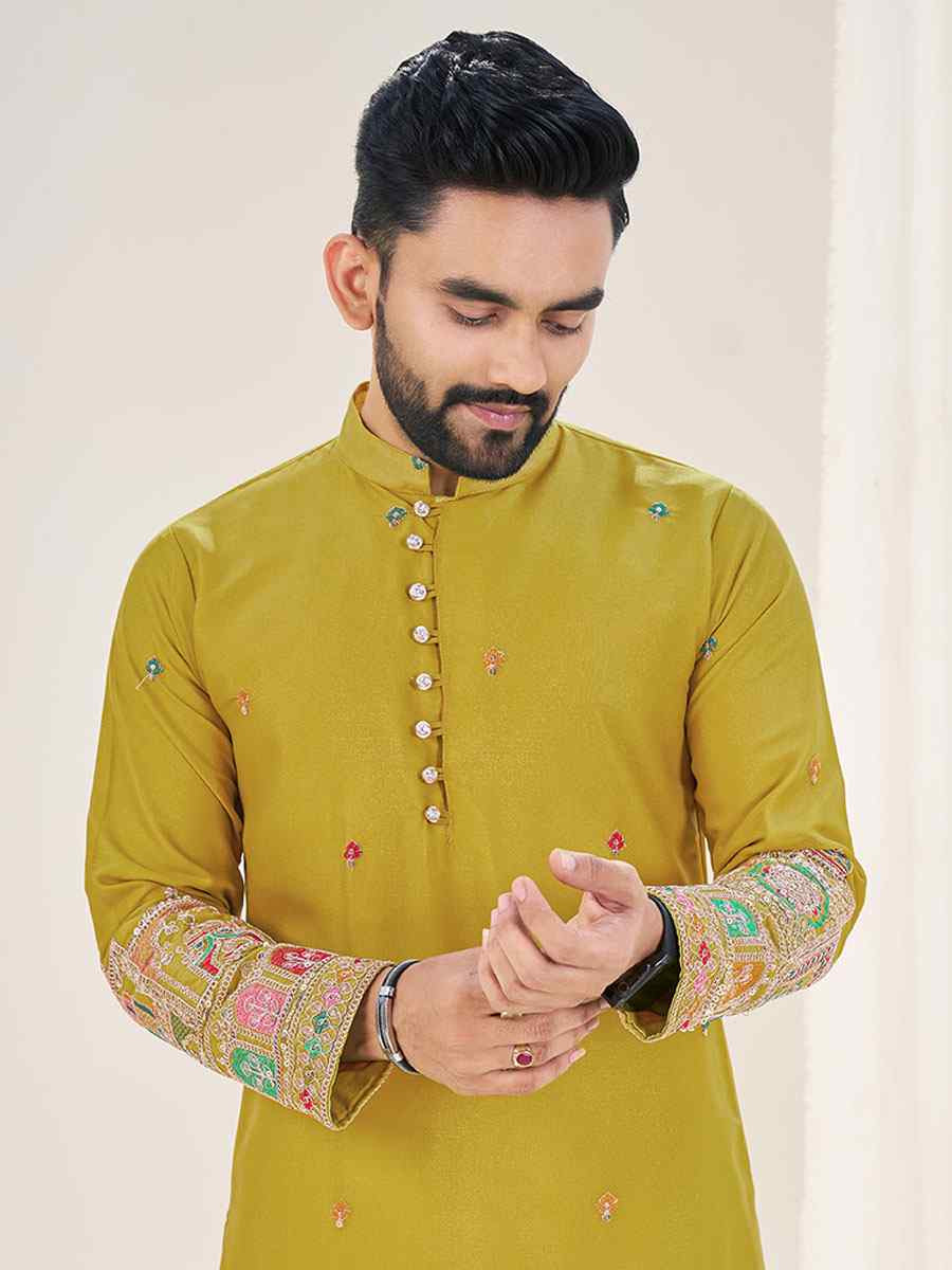 Mustard Star Georgette Embroidery Festival Wedding Party Kurta