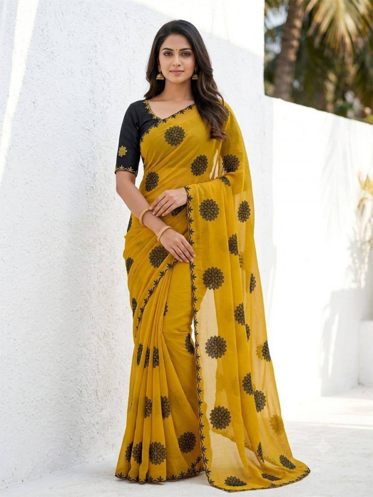 Image of Mustard Star Georgette Embroidery Wedding Reception Party Festival Casual Heavy Border Sarees