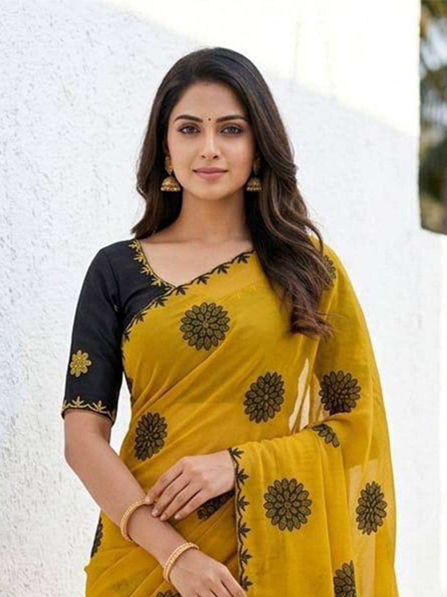 Mustard Star Georgette Embroidery Wedding Reception Party Festival Casual Heavy Border Sarees