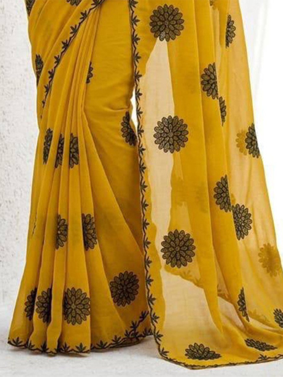 Mustard Star Georgette Embroidery Wedding Reception Party Festival Casual Heavy Border Sarees