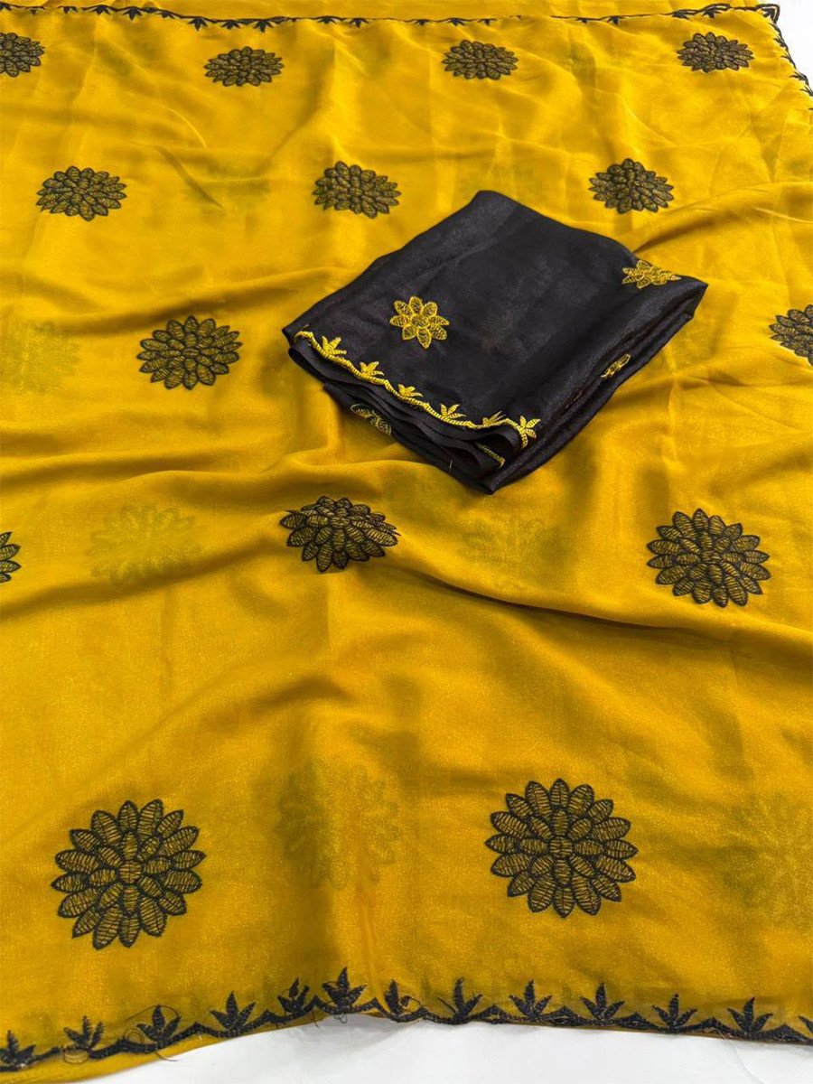 Mustard Star Georgette Embroidery Wedding Reception Party Festival Casual Heavy Border Sarees