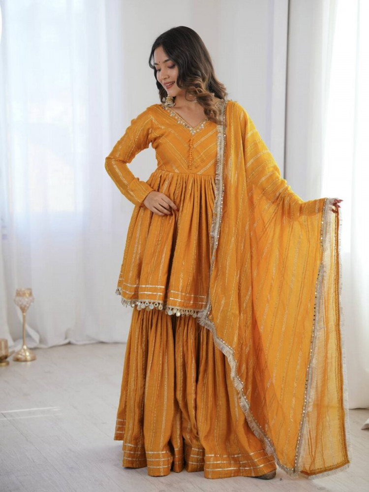 Image of Mustard Stone Work Lace Work Handwork Wedding Party Festival Casual Ready Sharara Pant Salwar Kameez