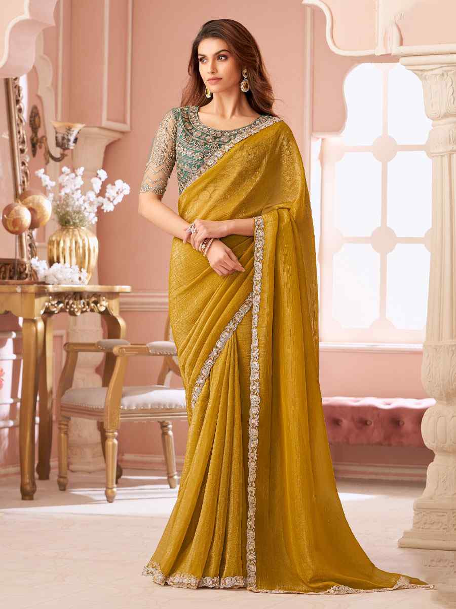 Mustard Sunshine Georgette Embroidery Bridal Reception Festival Wedding Fancy Heavy Border Saree