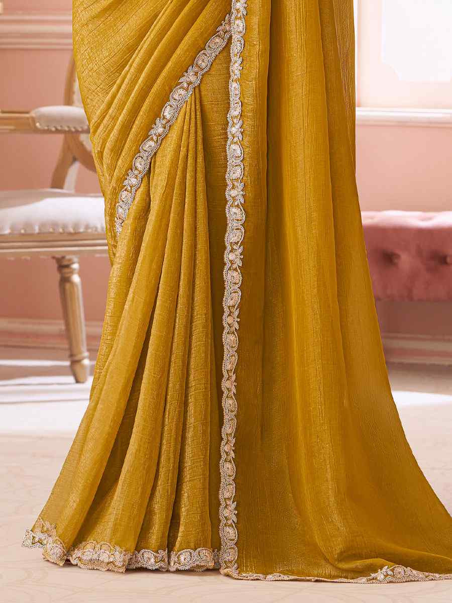 Mustard Sunshine Georgette Embroidery Bridal Reception Festival Wedding Fancy Heavy Border Saree