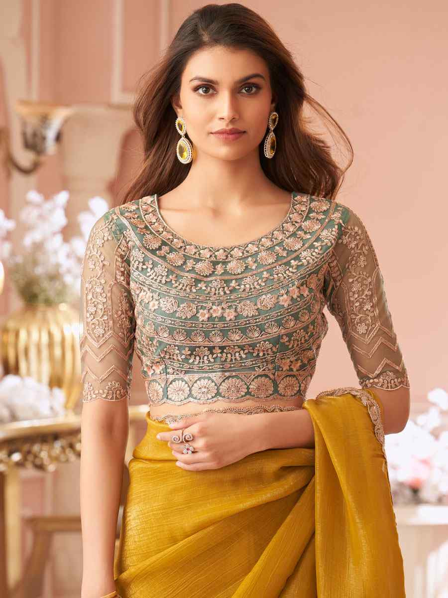Mustard Sunshine Georgette Embroidery Bridal Reception Festival Wedding Fancy Heavy Border Saree
