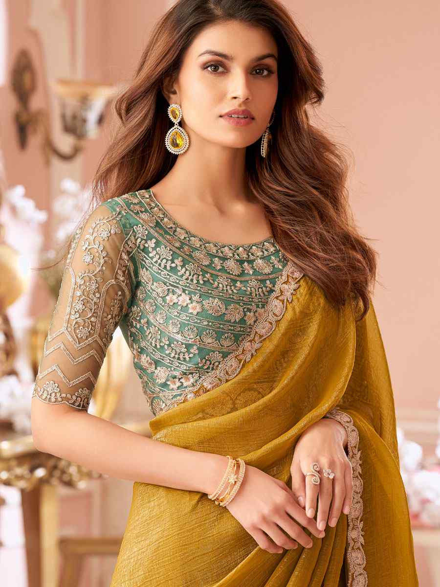 Mustard Sunshine Georgette Embroidery Bridal Reception Festival Wedding Fancy Heavy Border Saree