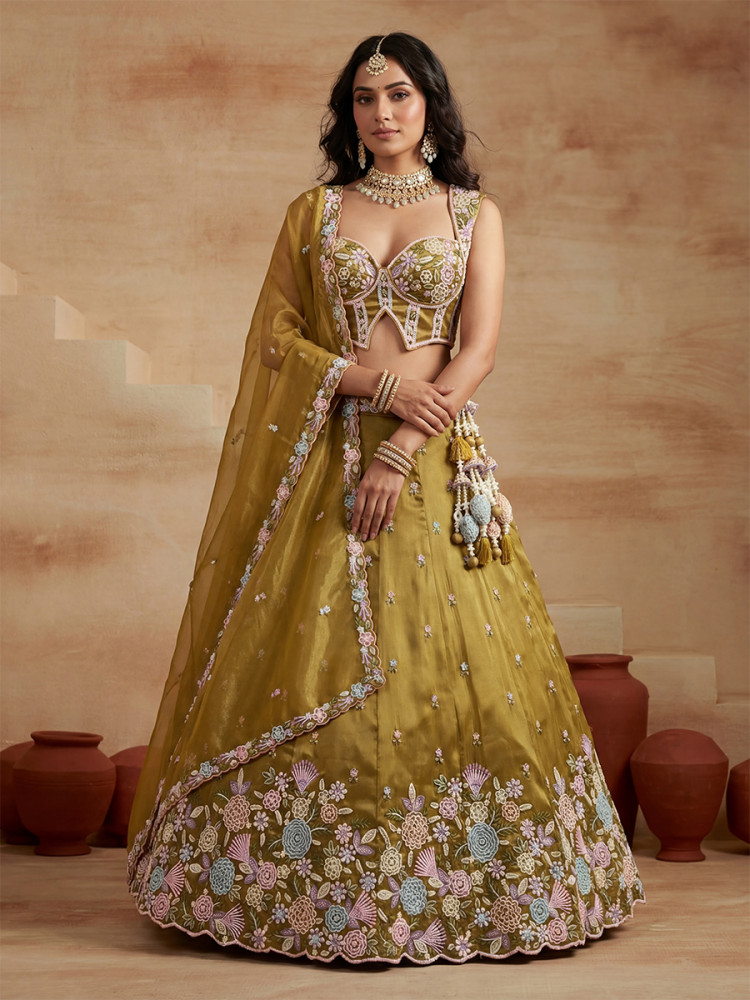 Image of Mustard Tissue Embroidery Wedding Reception Party Festival Heavy Border Lehenga Choli