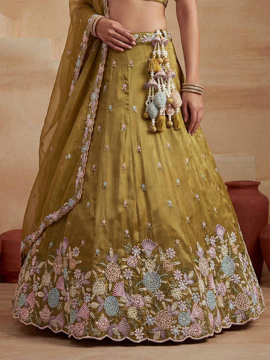 Mustard Tissue Embroidery Wedding Reception Party Festival Heavy Border Lehenga Choli