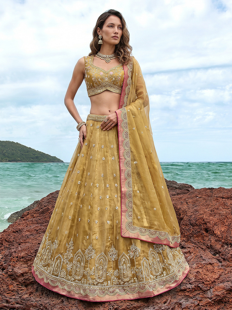 Mustard Tissue Embroidery Wedding Reception Party Festival Heavy Border Lehenga Choli