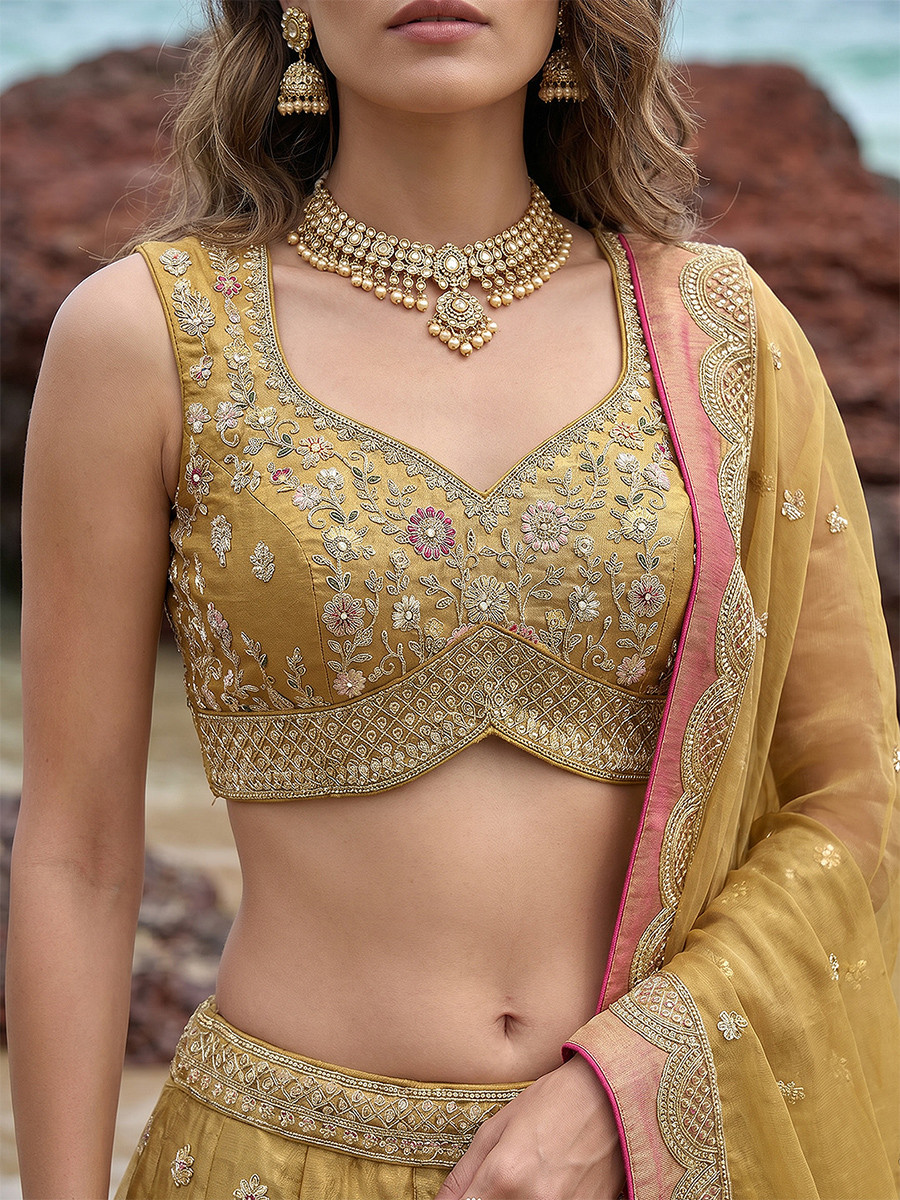 Mustard Tissue Embroidery Wedding Reception Party Festival Heavy Border Lehenga Choli