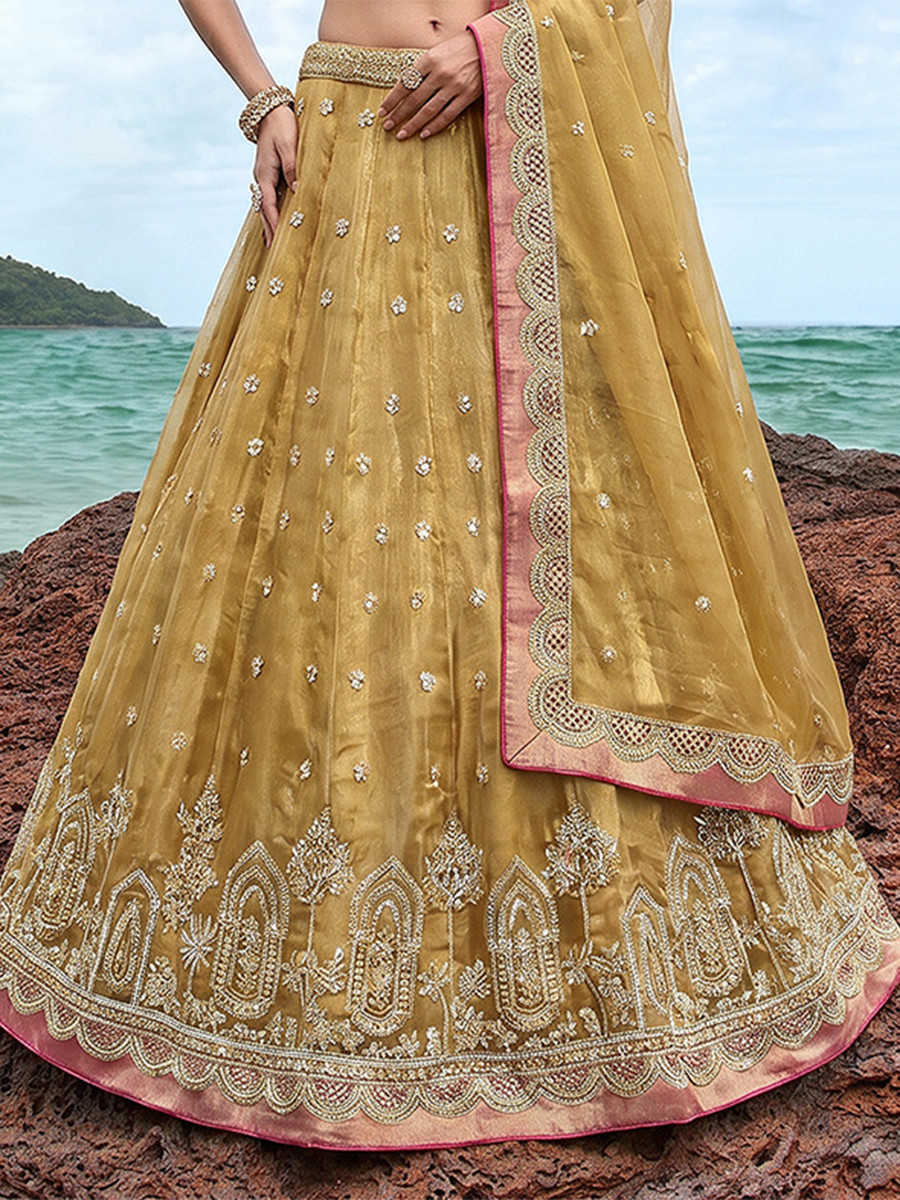 Mustard Tissue Embroidery Wedding Reception Party Festival Heavy Border Lehenga Choli