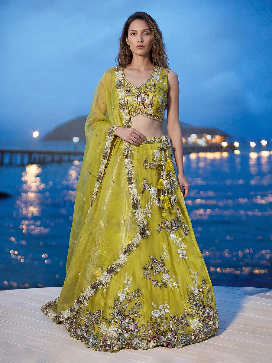 Mustard Tissue Embroidery Wedding Reception Party Festival Heavy Border Lehenga Choli