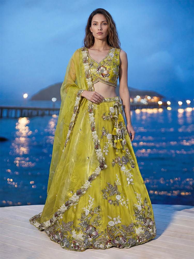 Image of Mustard Tissue Embroidery Wedding Reception Party Festival Heavy Border Lehenga Choli