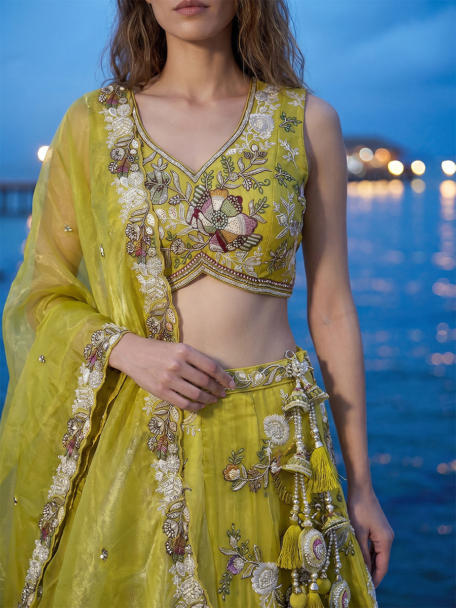 Mustard Tissue Embroidery Wedding Reception Party Festival Heavy Border Lehenga Choli