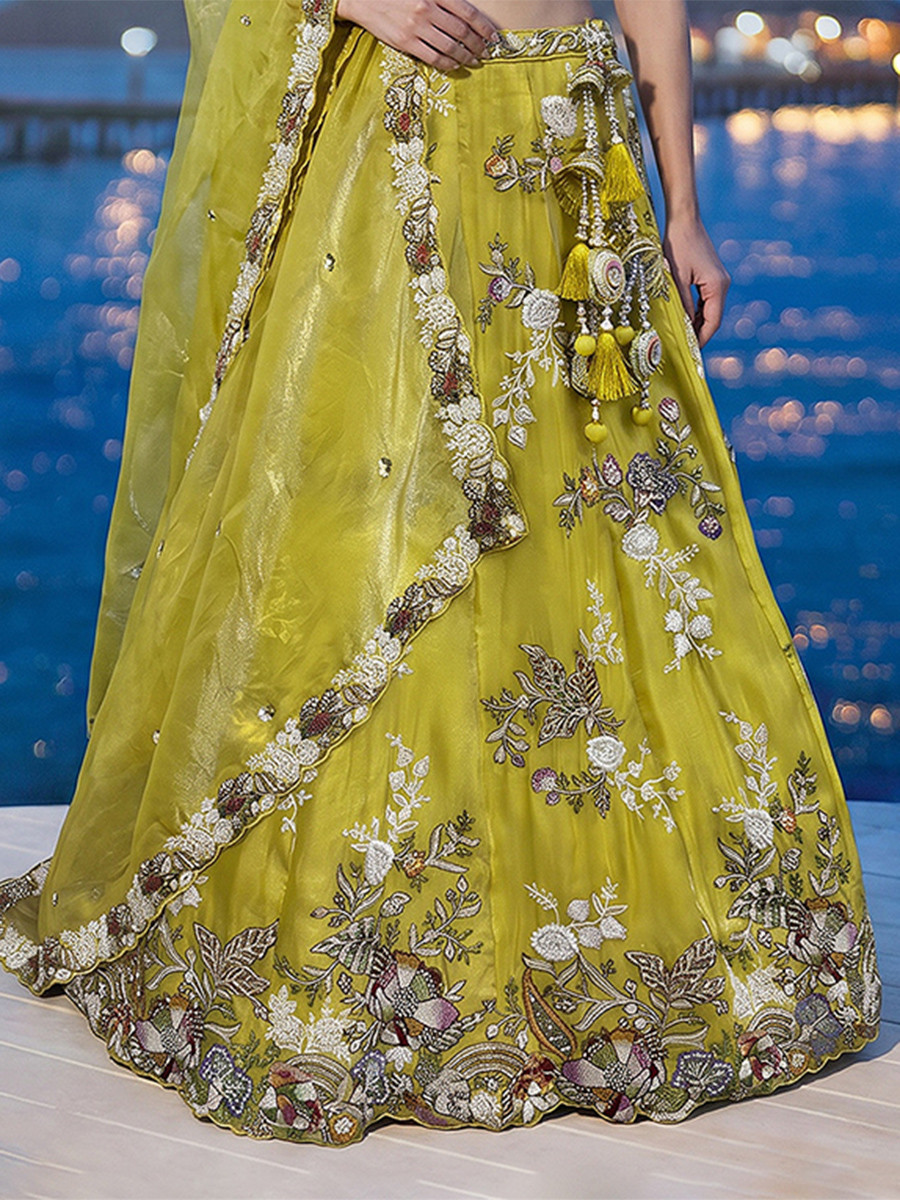 Mustard Tissue Embroidery Wedding Reception Party Festival Heavy Border Lehenga Choli
