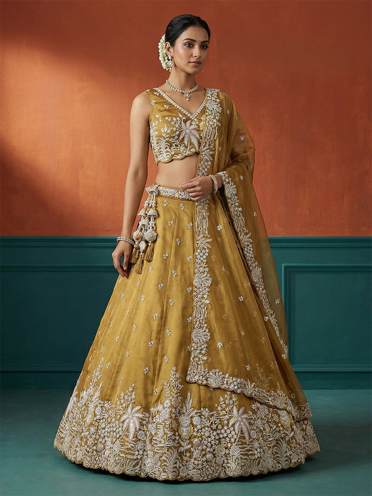 Image of Mustard Tissue Embroidery Wedding Reception Party Festival Heavy Border Lehenga Choli