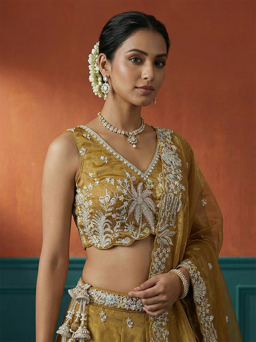 Mustard Tissue Embroidery Wedding Reception Party Festival Heavy Border Lehenga Choli