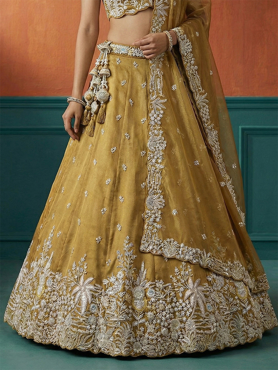Mustard Tissue Embroidery Wedding Reception Party Festival Heavy Border Lehenga Choli