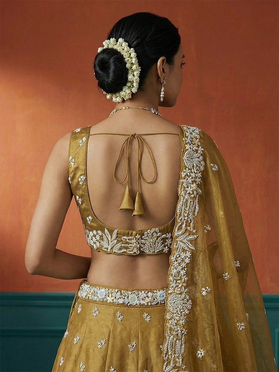 Mustard Tissue Embroidery Wedding Reception Party Festival Heavy Border Lehenga Choli