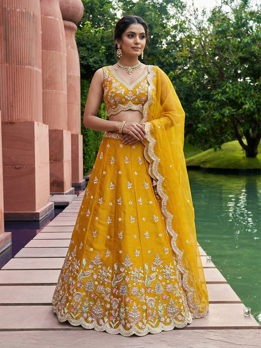 Mustard Tissue Embroidery Zari Sequins Wedding Reception Party Wear Festival Heavy Border Lehenga Choli