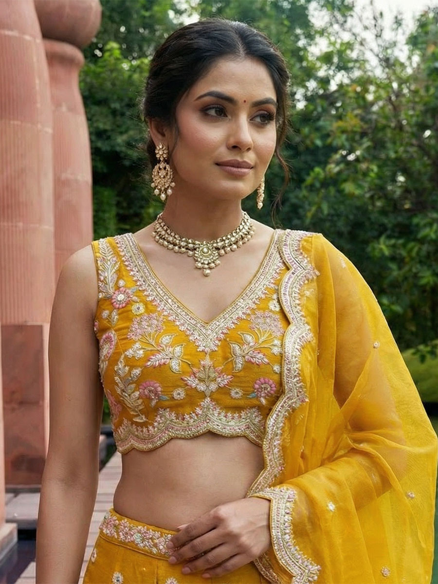 Mustard Tissue Embroidery Zari Sequins Wedding Reception Party Wear Festival Heavy Border Lehenga Choli
