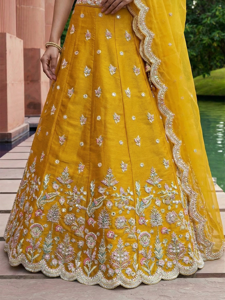 Mustard Tissue Embroidery Zari Sequins Wedding Reception Party Wear Festival Heavy Border Lehenga Choli
