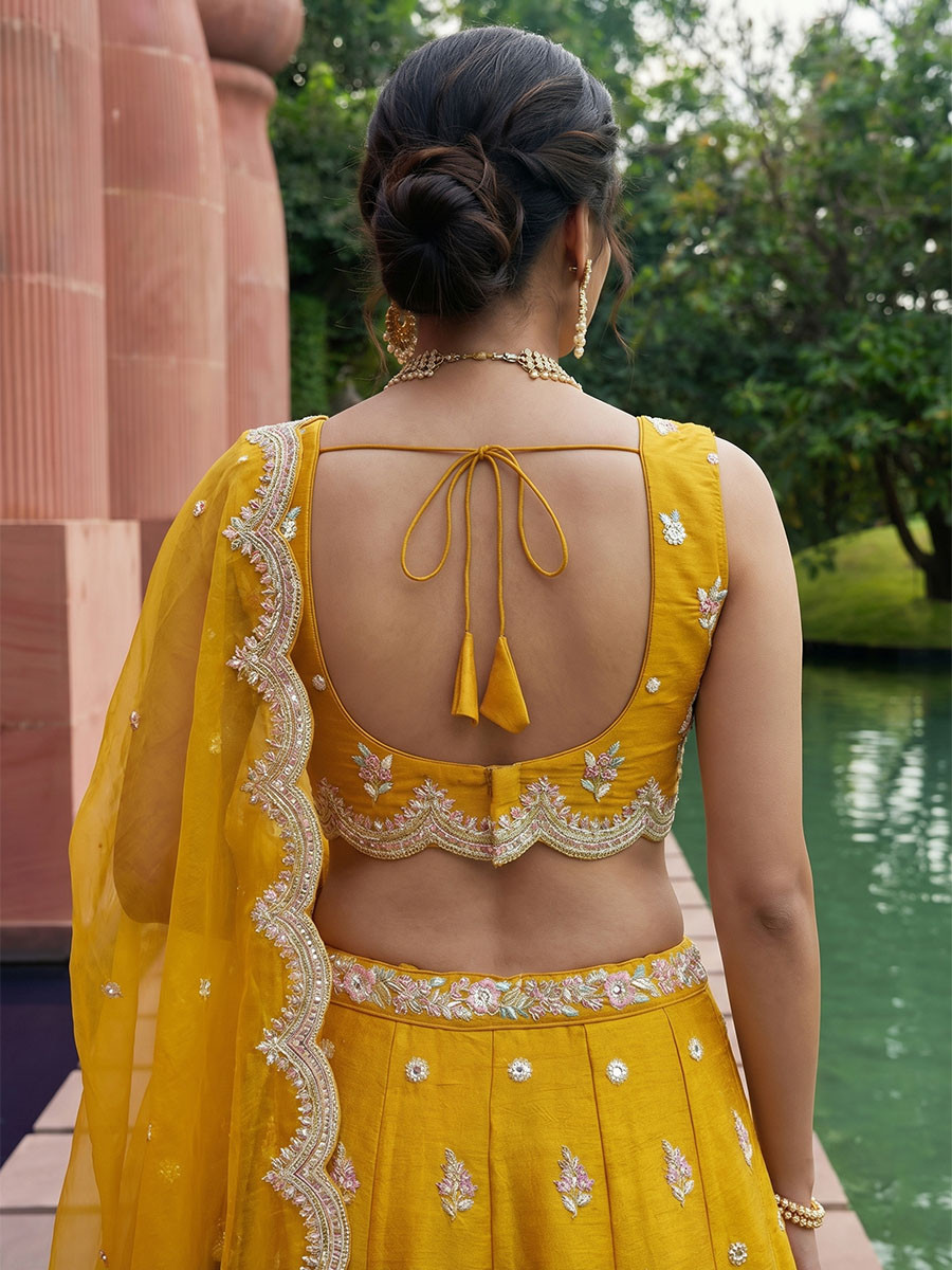 Mustard Tissue Embroidery Zari Sequins Wedding Reception Party Wear Festival Heavy Border Lehenga Choli