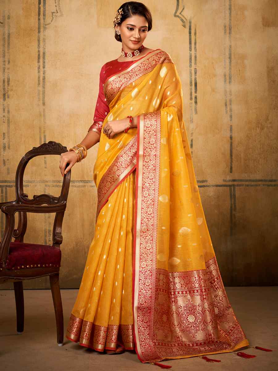 Mustard Tissue Handwoven Wedding Festival Heavy Border Saree