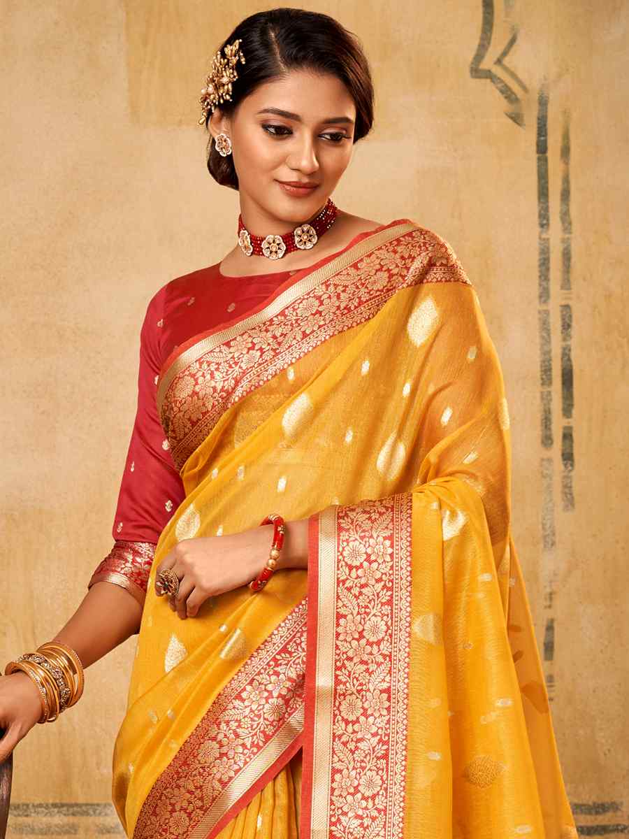 Mustard Tissue Handwoven Wedding Festival Heavy Border Saree