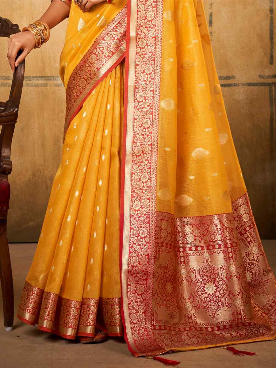 Mustard Tissue Handwoven Wedding Festival Heavy Border Saree