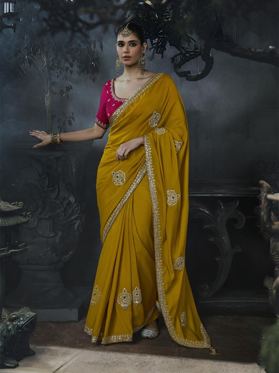 Mustard Tissue Silk Embroidery Stone Work Sequins Wedding Reception Party Festival Casual Heavy Border Sarees