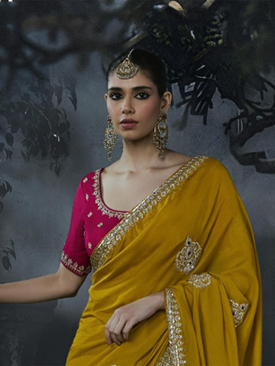 Mustard Tissue Silk Embroidery Stone Work Sequins Wedding Reception Party Festival Casual Heavy Border Sarees