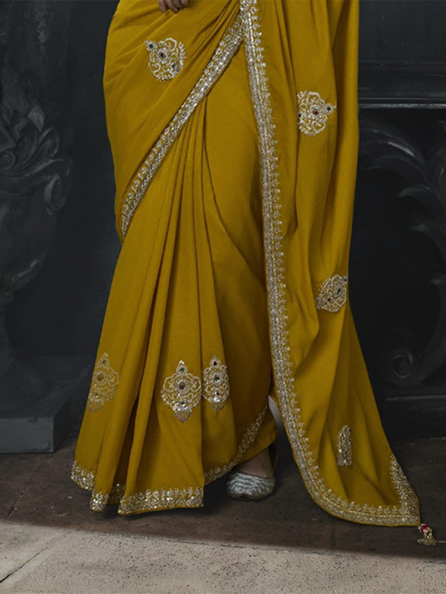 Mustard Tissue Silk Embroidery Stone Work Sequins Wedding Reception Party Festival Casual Heavy Border Sarees