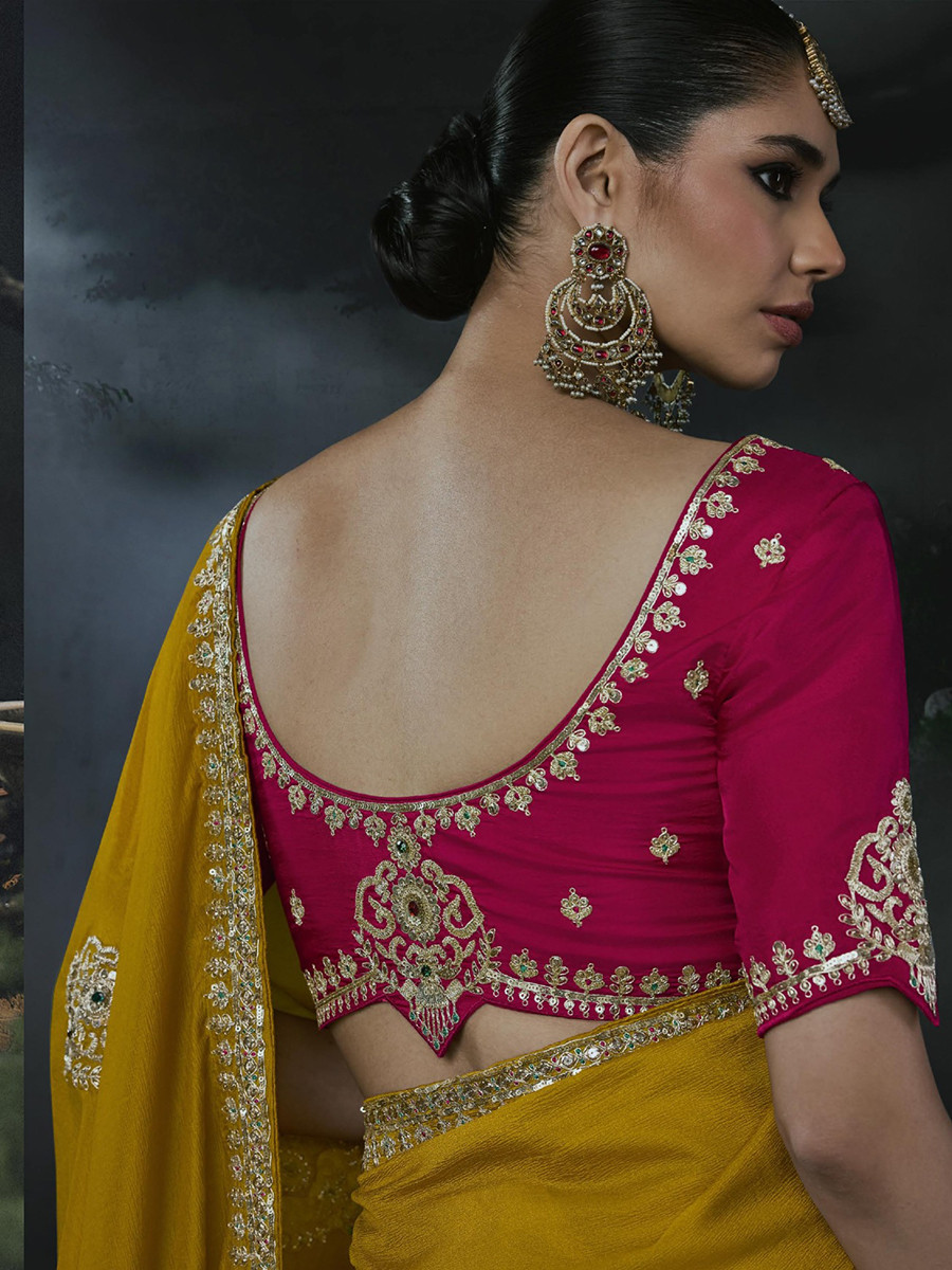 Mustard Tissue Silk Embroidery Stone Work Sequins Wedding Reception Party Festival Casual Heavy Border Sarees