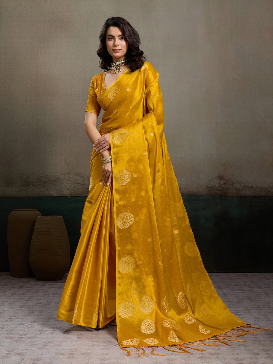 Mustard Tissue Silk Handwoven Wedding Reception Party Casual Heavy Border Sarees