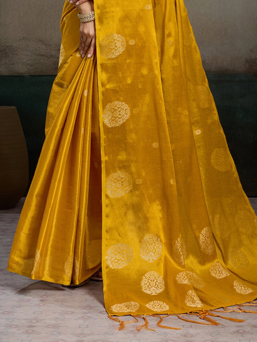 Mustard Tissue Silk Handwoven Wedding Reception Party Casual Heavy Border Sarees