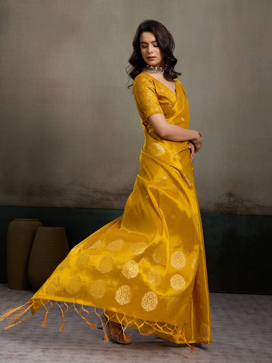 Mustard Tissue Silk Handwoven Wedding Reception Party Casual Heavy Border Sarees
