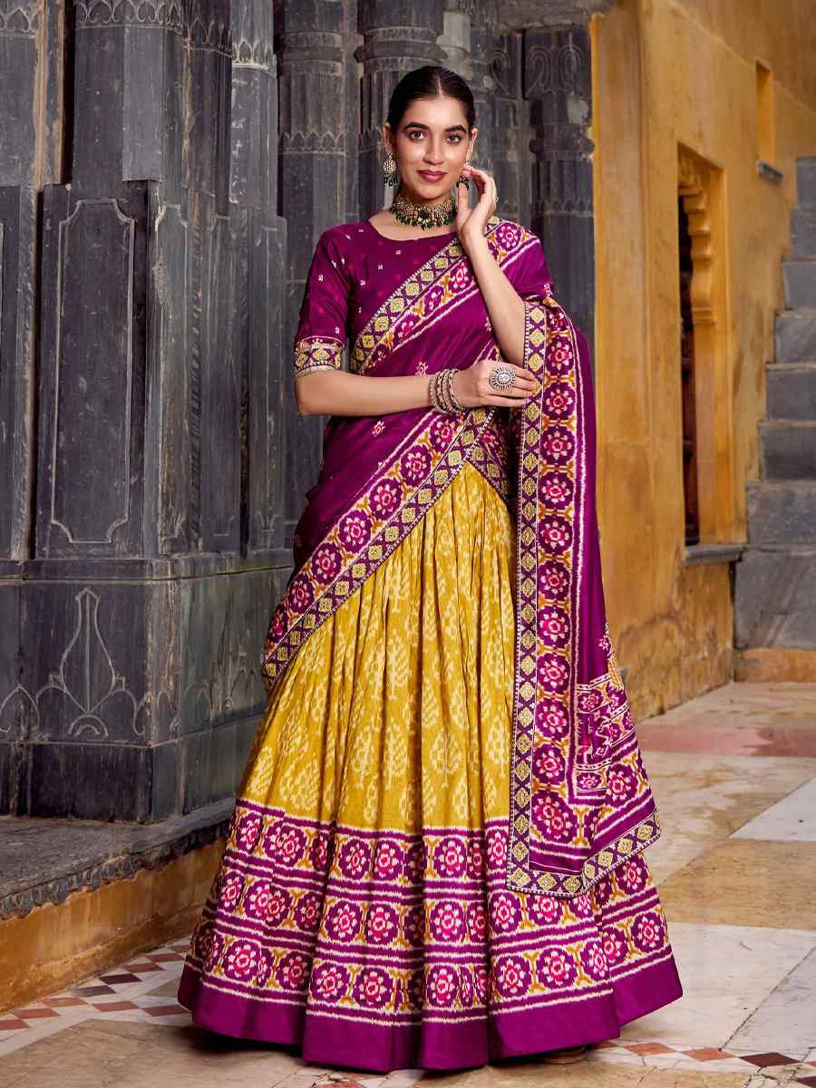 Mustard Tussar Silk Printed Festival Traditional Lehenga Choli