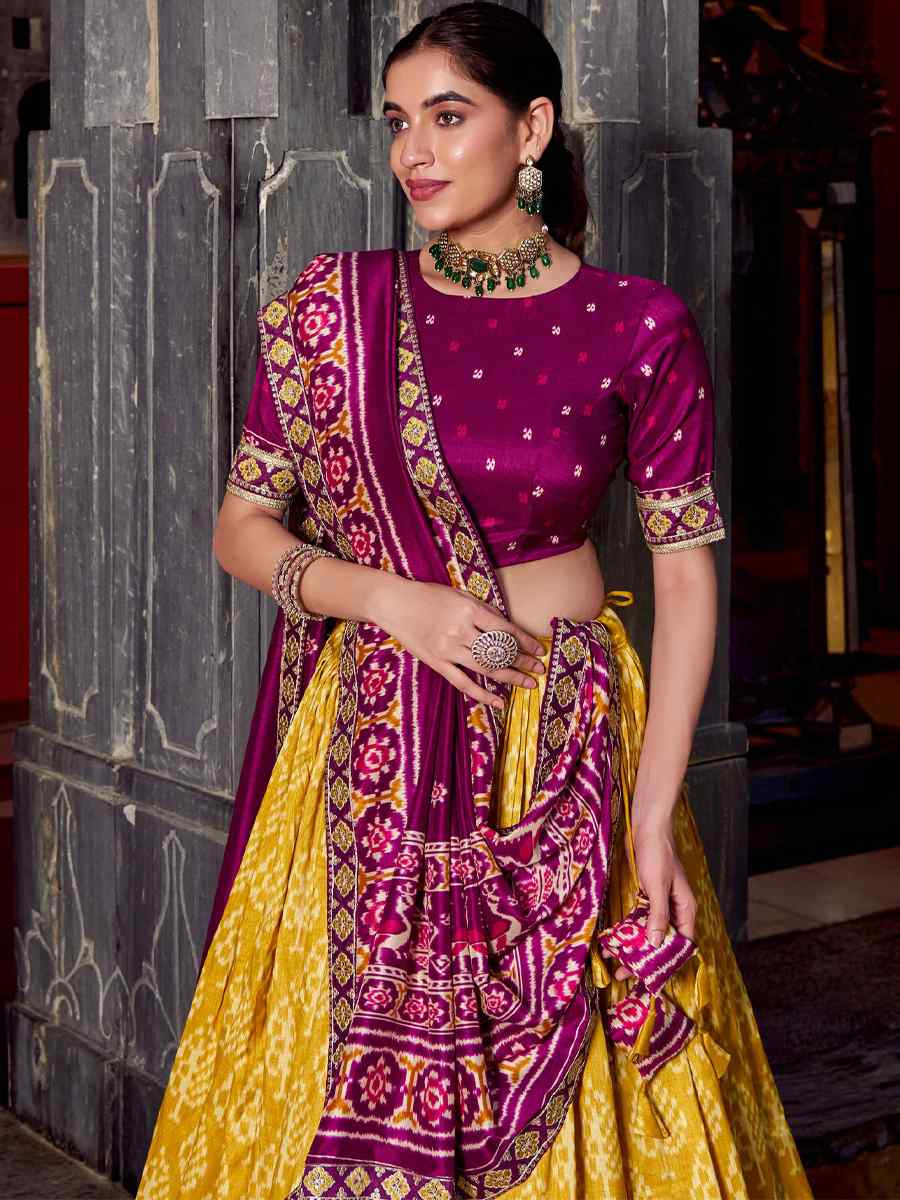 Mustard Tussar Silk Printed Festival Traditional Lehenga Choli