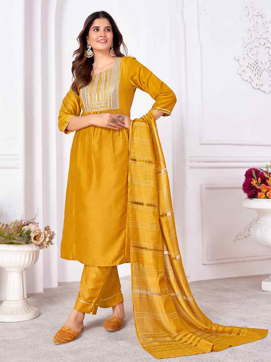 Mustard Vertical Silk Embroidered Festival Casual Ready Pant Salwar Kameez